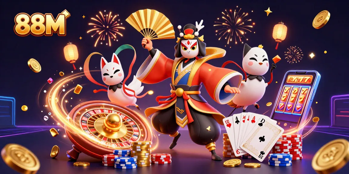 88M captures excitement with vibrant characters and dynamic casino elements in a festive online gaming scene.