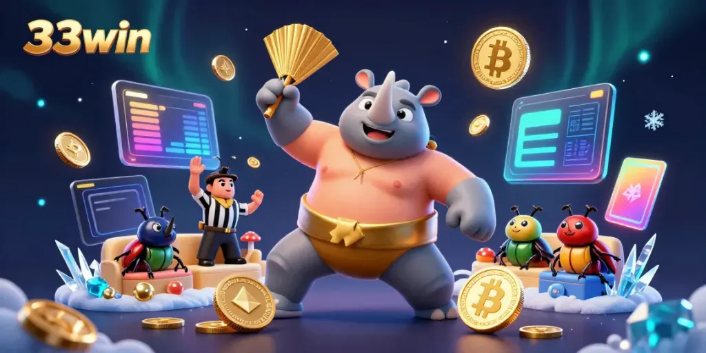 Bet on 33win with vibrant 3D cartoon beetle characters in an energetic casino setting.