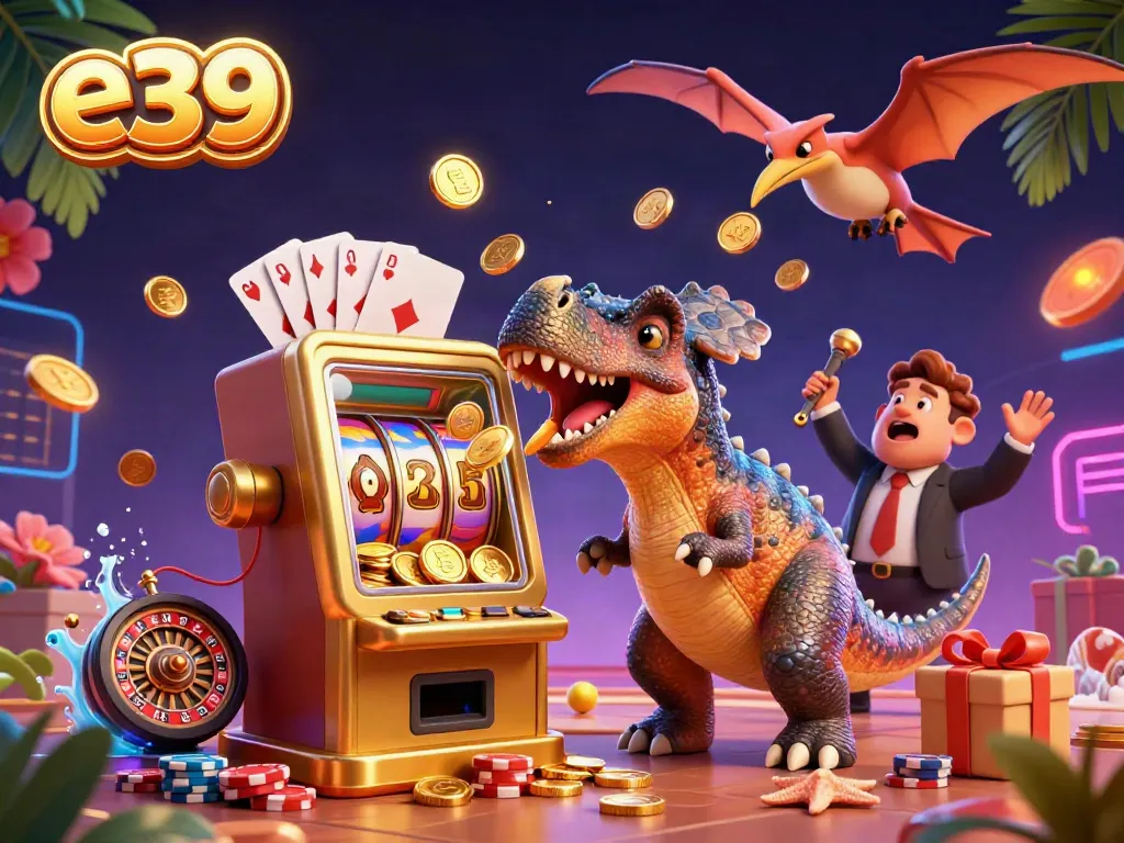 e39 slots scene featuring a dinosaur winning jackpots with gold coins and game elements