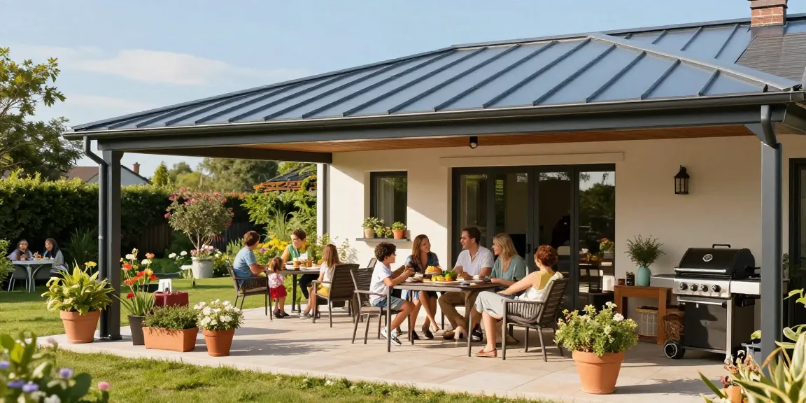 Familie genießt Zeit unter einer Terrassenüberdachung mit schönen Pflanzen und Sitzmöglichkeiten.