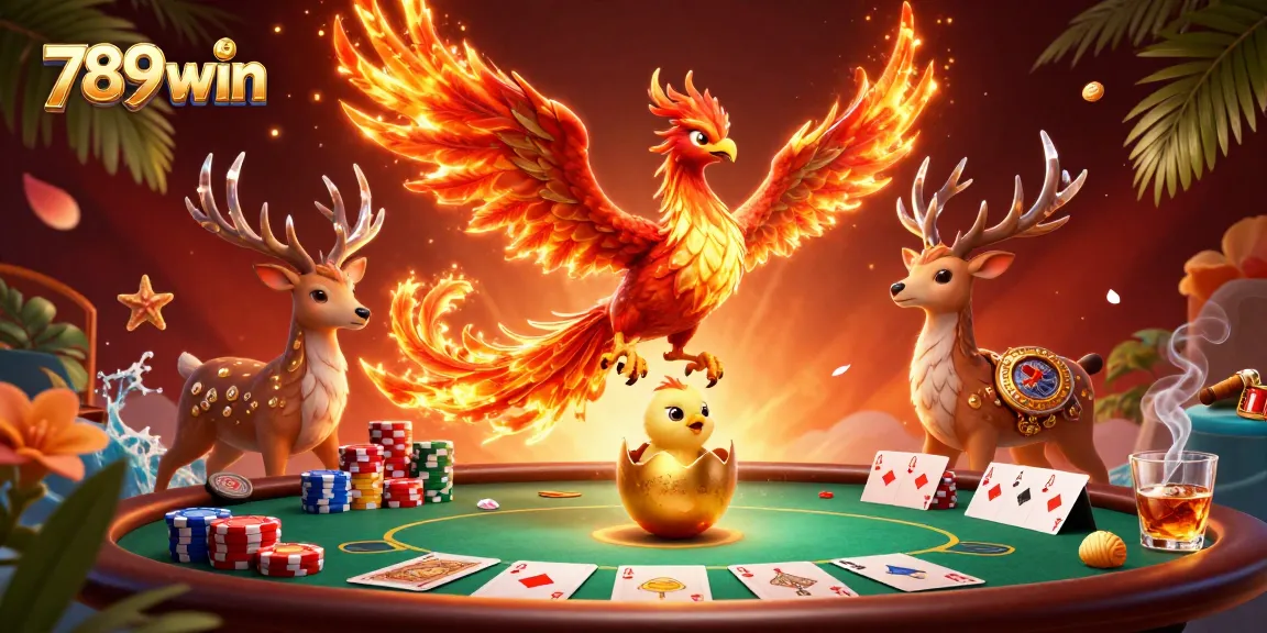 Experience the excitement of 789win with a stunning 3D phoenix scene depicting poker chips and cards.