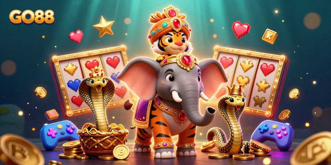 Spin the reels at GO88 with a vibrant casino scene featuring a tiger, elephant, and cobra.