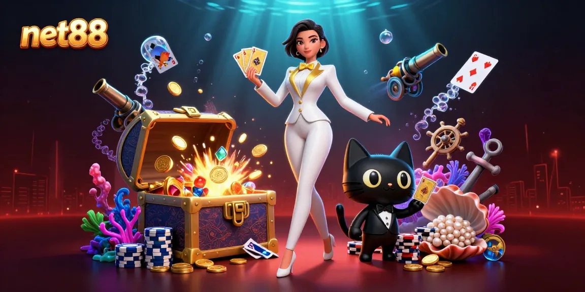 Join the excitement at net88 with stunning visuals of a glamorous dealer and playful elements in this 3D casino scene.