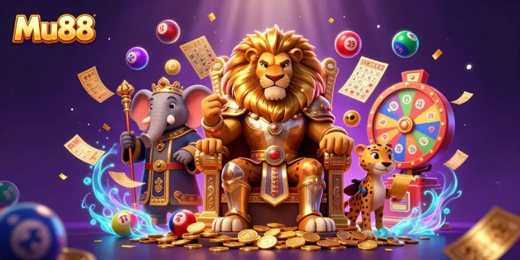 Win big with Mu88, illustrated by a lion king on a throne of coins amid festive gambling elements.