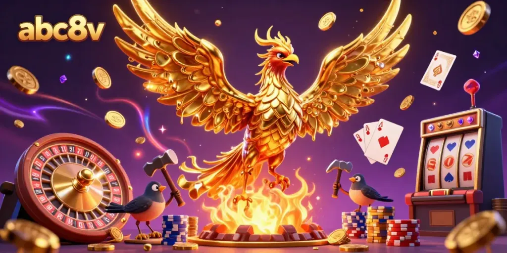 Experience the excitement of abc8v with a dynamic 3D casino scene, featuring gold coins, roulette, and a phoenix.