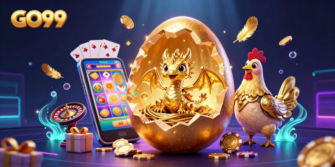 GO99 showcases a vibrant scene featuring a golden baby dragon and gaming elements for thrilling bets.