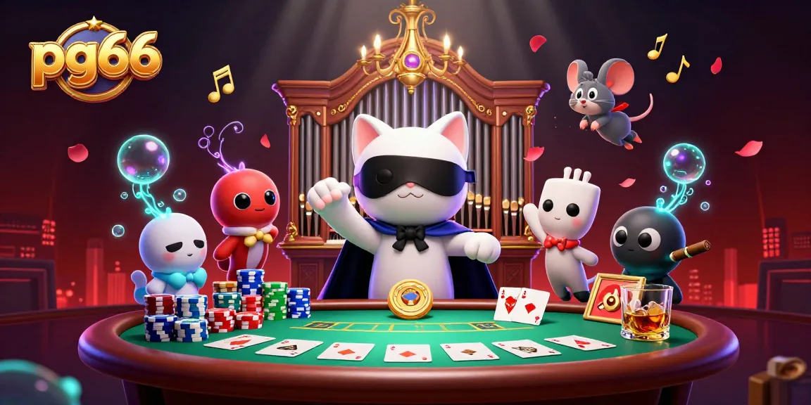 Play poker at PG66 with a 3D cartoon phantom cat at a majestic organ, surrounded by chips and cards.