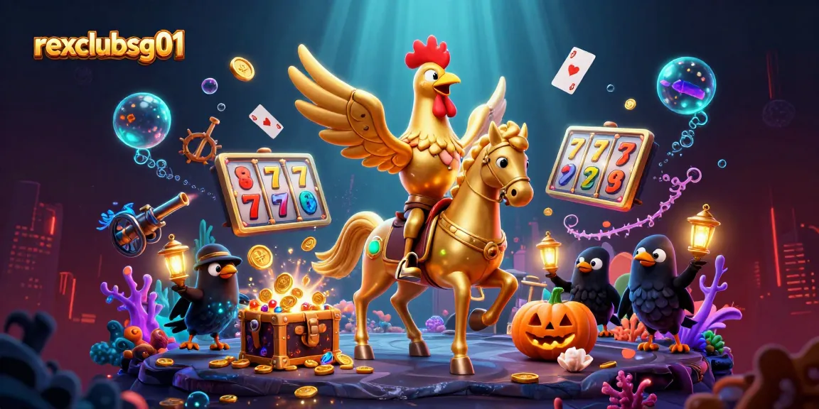 Play at rexclubsg01 and win with golden rooster riding through a rich casino scene filled with treasure.