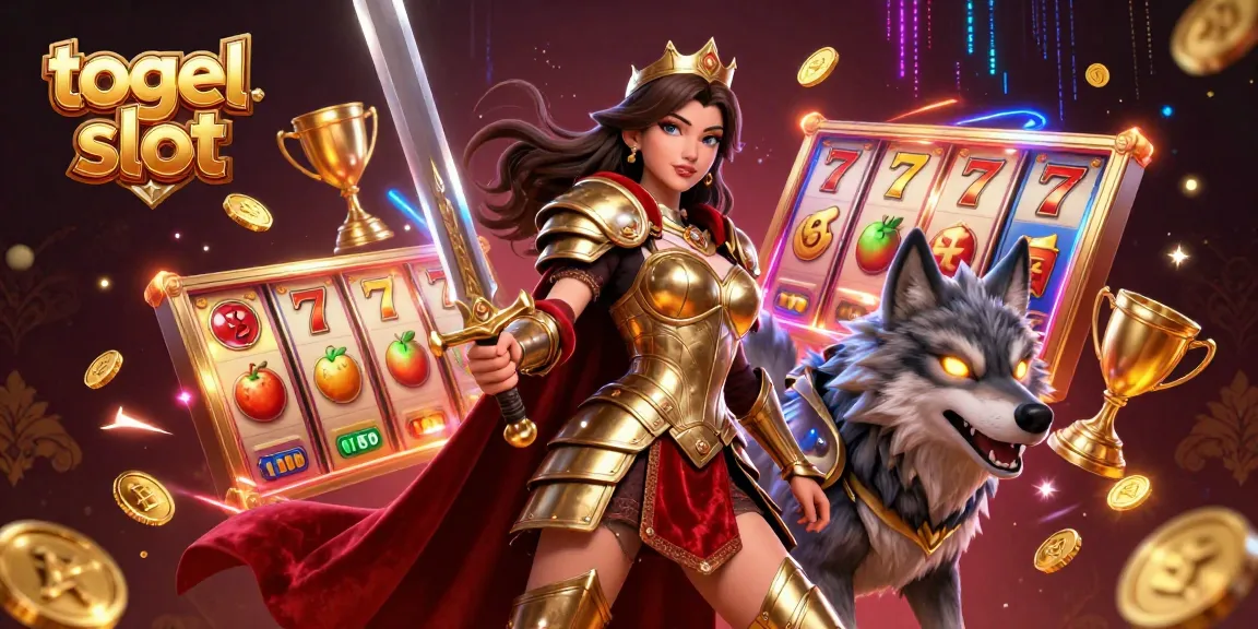 Experience thrilling togel slot adventures with a warrior queen amidst dynamic spinning reels and glowing gold!