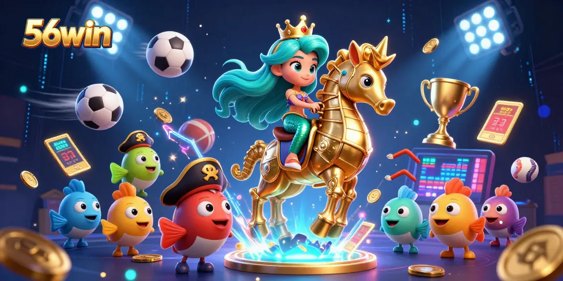 Bet on thrilling adventures with 56win under vibrant casino-themed waters featuring characters and sports elements.