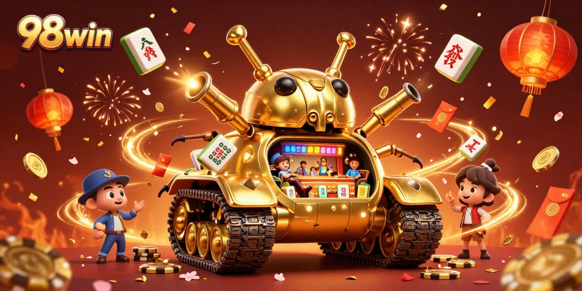 Engage with 98win's vibrant online casino world in this rich 3D illustration, featuring festive gaming elements.