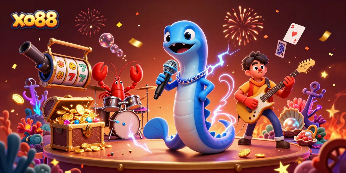 "xo88 electric eel DJ performing with crab drummer, underwater casino scene."