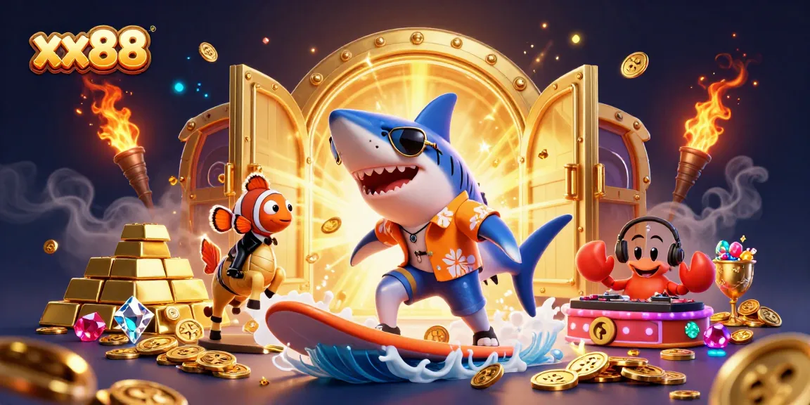 Experience winning excitement at xx88 casino with vibrant 3D illustration of a shark surfing on gold coins.