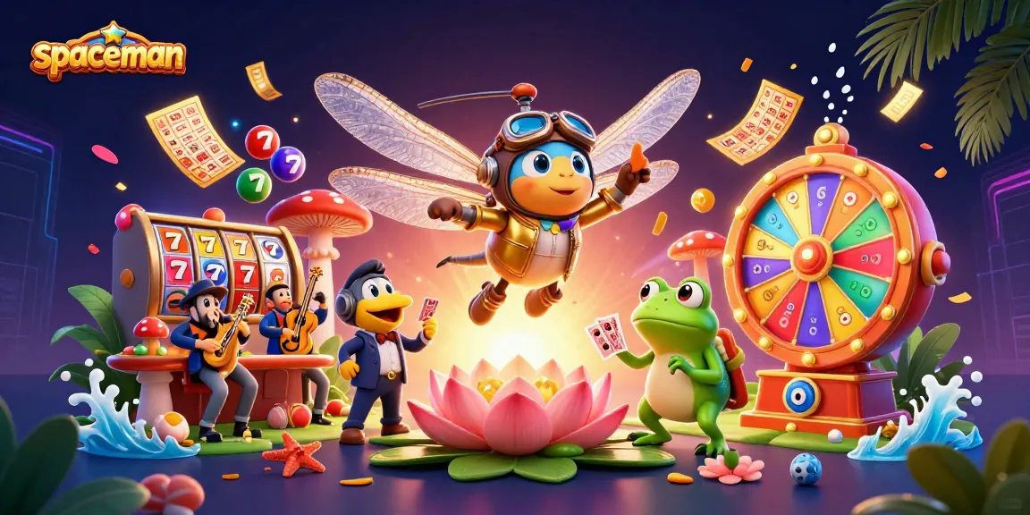 Spin to win big with Spaceman slots alongside a dragonfly pilot and frog dealer in a vibrant casino.