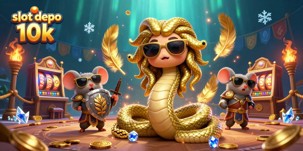 Spin to win big with slot depo 10k in this vibrant casino illustration featuring Medusa and a warrior mouse.