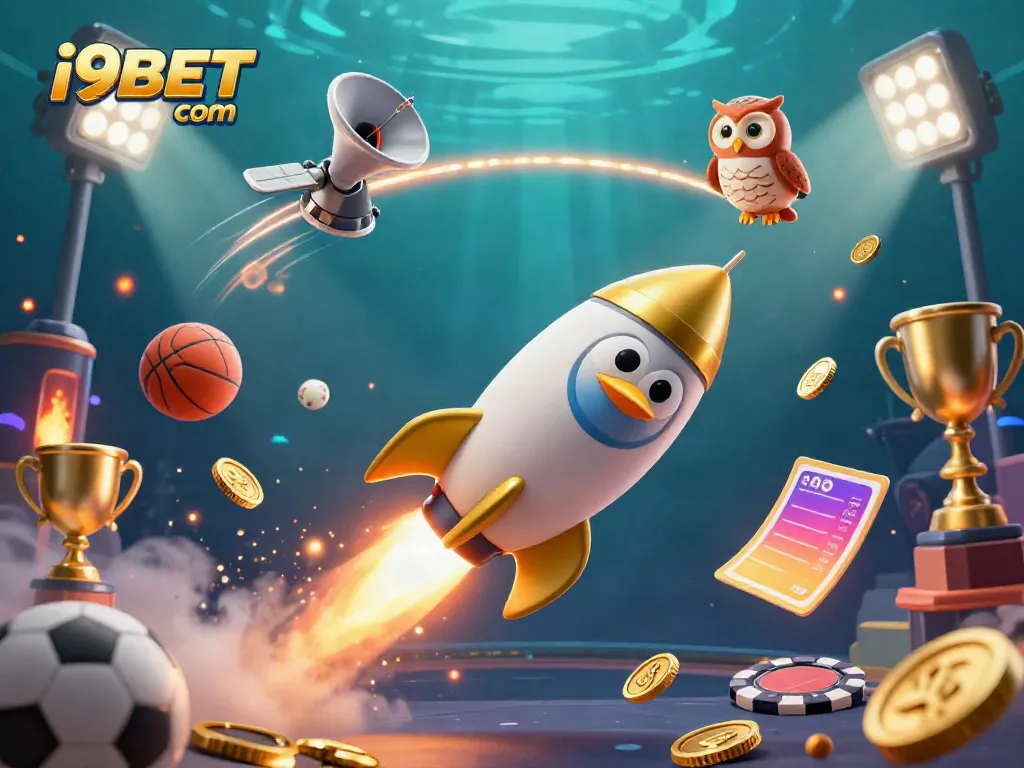 Experience thrilling action in the i9BET com universe featuring a golden penguin and dynamic sports elements.
