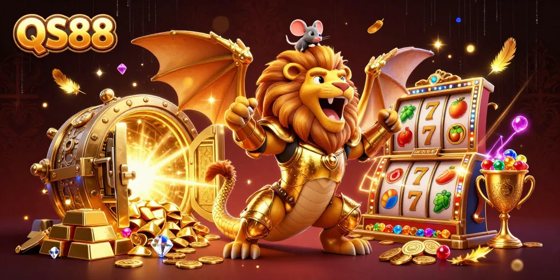 Experience thrilling wins at QS88 with a majestic chimera and vibrant slot game elements in a dynamic scene.