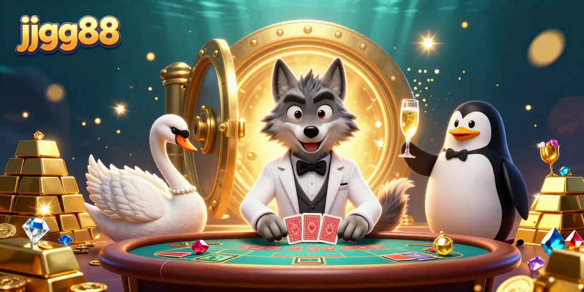 Experience thrilling action with jjgg88, featuring a debonair wolf at a baccarat table surrounded by treasures and an elegant swan dealer.