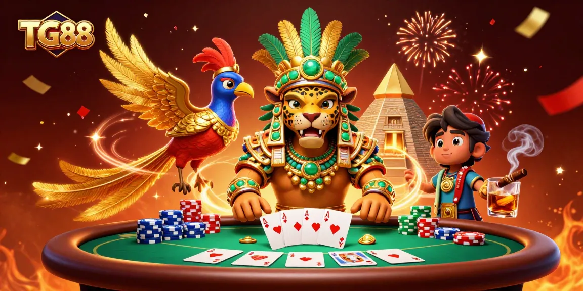 Experience the excitement of TG88 as a Mayan jaguar priest plays cards amidst colorful poker elements.