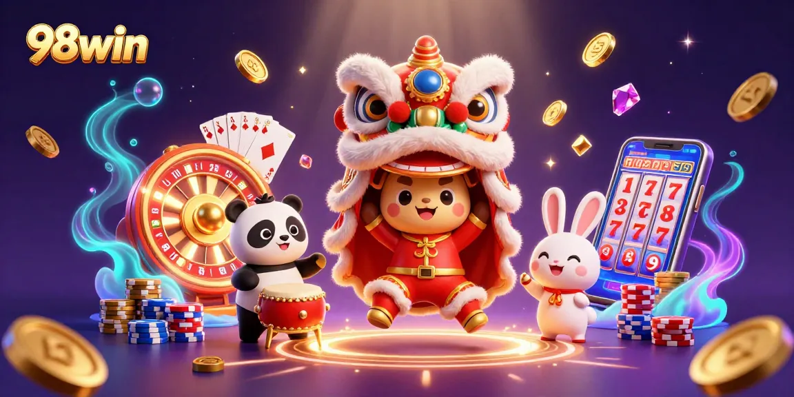 Engage in thrilling casino adventures with 98win's vibrant 3D illustration of lion dance, drumming panda, and firecracker rabbit.