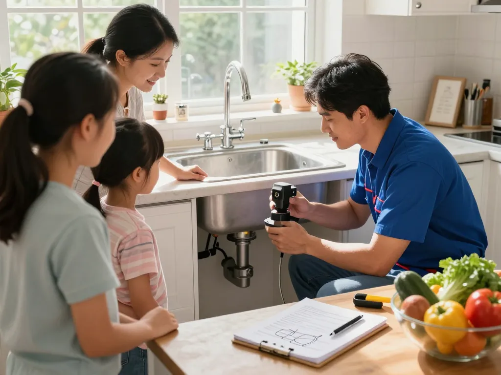 Drain cleaning Valparaiso IN with a family engaging a local plumber at home while inspecting under the sink.