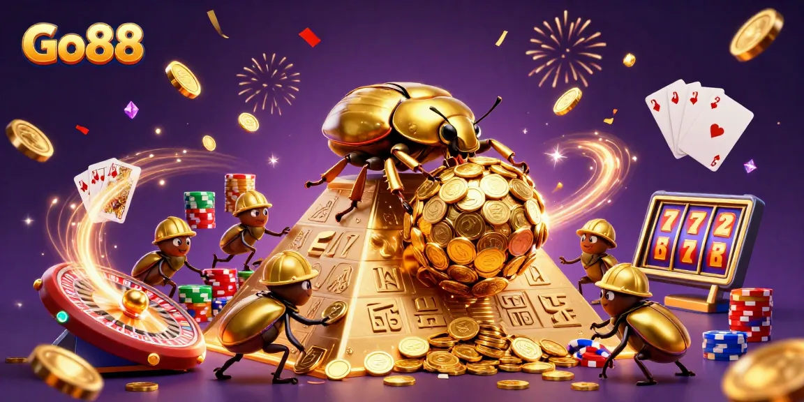 Go88 showcases a vibrant 3D casino world where dynamic beetles roll golden coins among casino symbols.