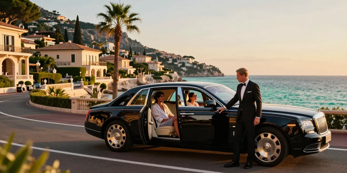 Transfert aéroport Nice avec chauffeur privé sur la Côte d'Azur, vue luxueuse au coucher de soleil.