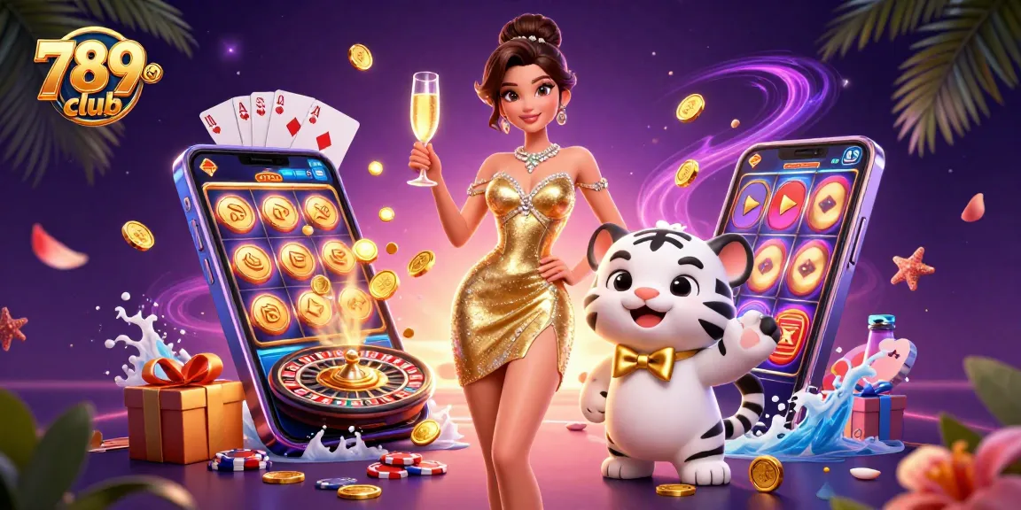 Experience the excitement of 789club with a glamorous scene of a woman and a lucky tiger amidst casino elements.