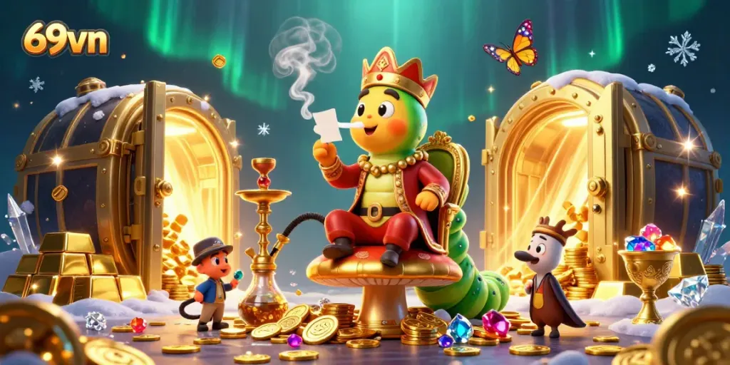 Engage with 69vn's vibrant 3D casino scene showcasing a caterpillar sultan and poker elements.