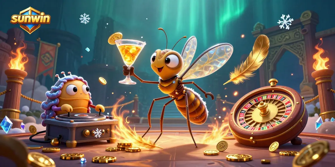 Engage with exciting sunwin casino games amidst a vibrant 3D scene of lively characters.