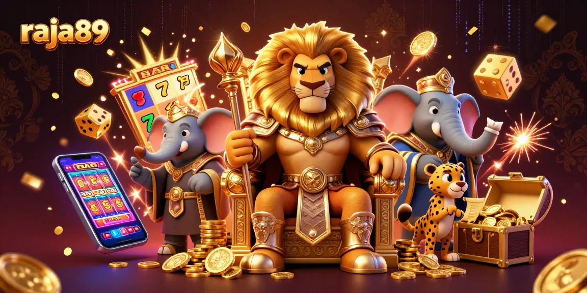Experience thrilling jackpots with raja89 in this vibrant casino-themed 3D illustration.