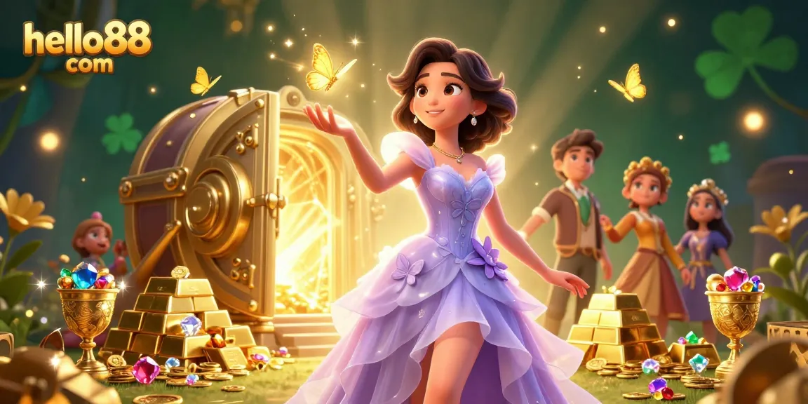 Experience the thrill of hello88 com with this vibrant casino illustration showcasing golden treasures and enchanting elements.