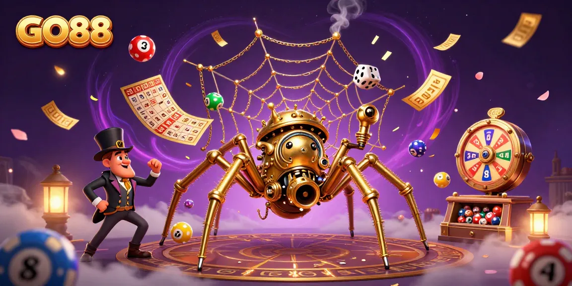 GO88 spins colorful lottery balls and celebrates cash prizes in a vibrant casino scene.