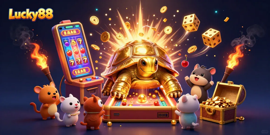Play exciting games at Lucky88 with thrilling jackpots and vibrant graphics in this dynamic illustration.