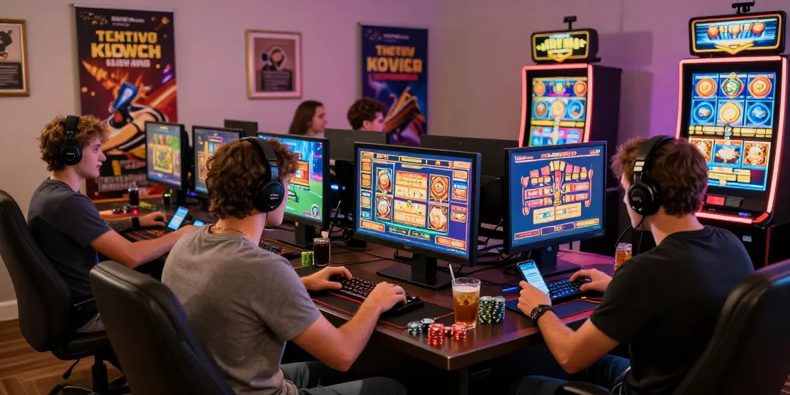 Players enjoying garuda303 online slots in a vibrant gaming setup featuring colorful screens and snacks.