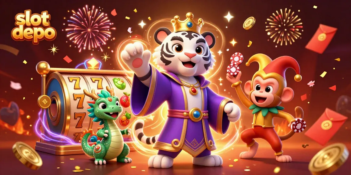 Engage with slot depo's exciting online slots featuring a lively white tiger, golden monkey, and jade dragon.