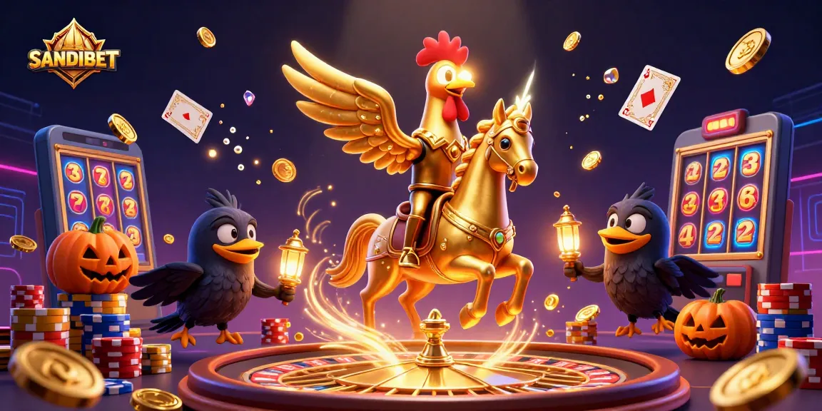 SANDIBET spins with a golden rooster and its head in a captivating midnight casino scene.