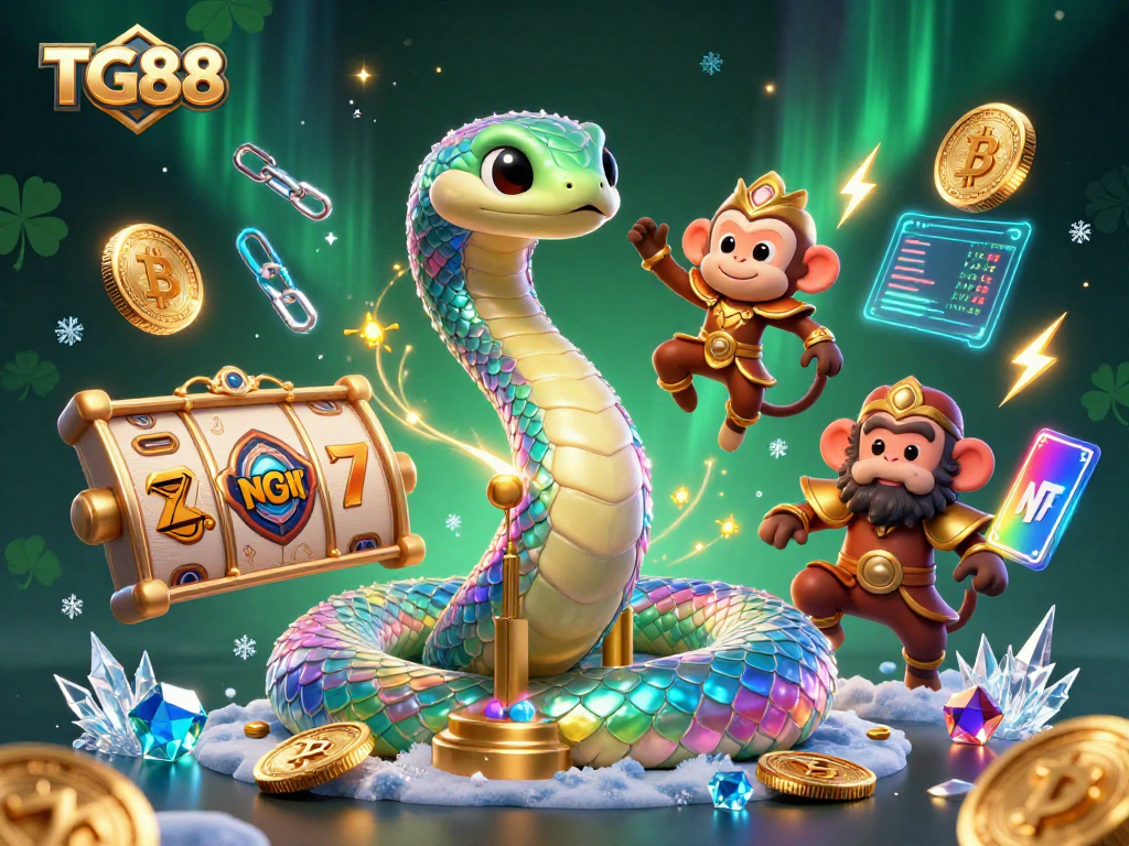 Experience winning excitement at TG88 Casino with vibrant 3D serpent and gaming elements.