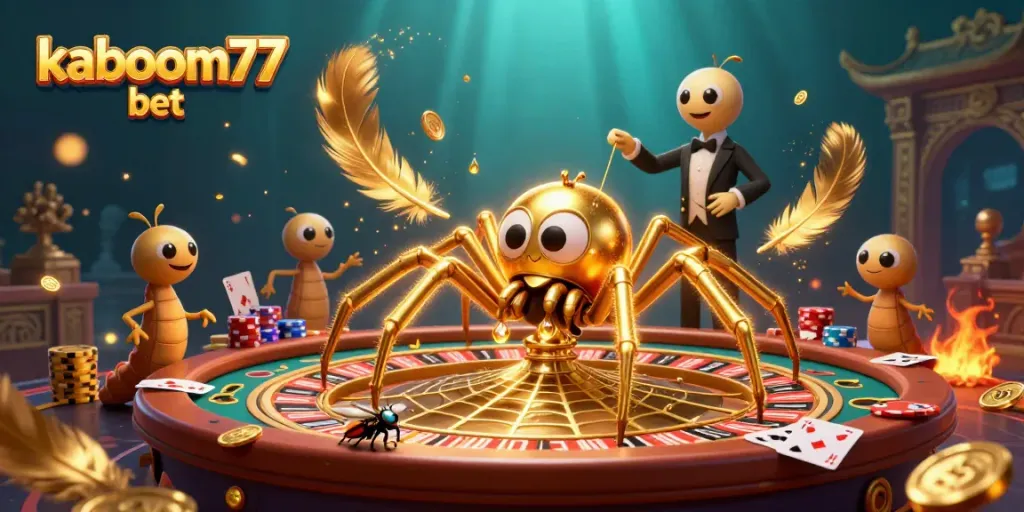 Experience the thrill of kaboom77 bet with dynamic casino elements, a spider-themed roulette wheel, vibrant colors, and engaging gameplay.