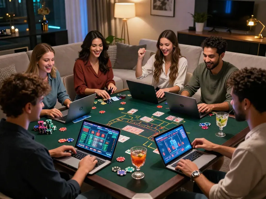 Friends enjoying Casino En Ligne games in a stylish living room setting.