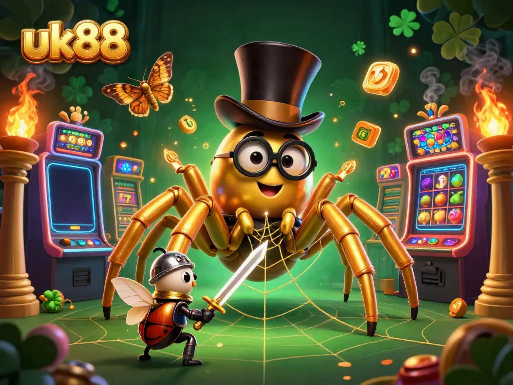 Experience the excitement of uk88 with a whimsical casino scene featuring a golden tarantula and beetle knight.