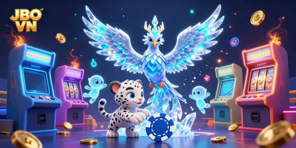 Experience exciting gaming with JBO VN in a vibrant 3D animated scene featuring casino elements.
