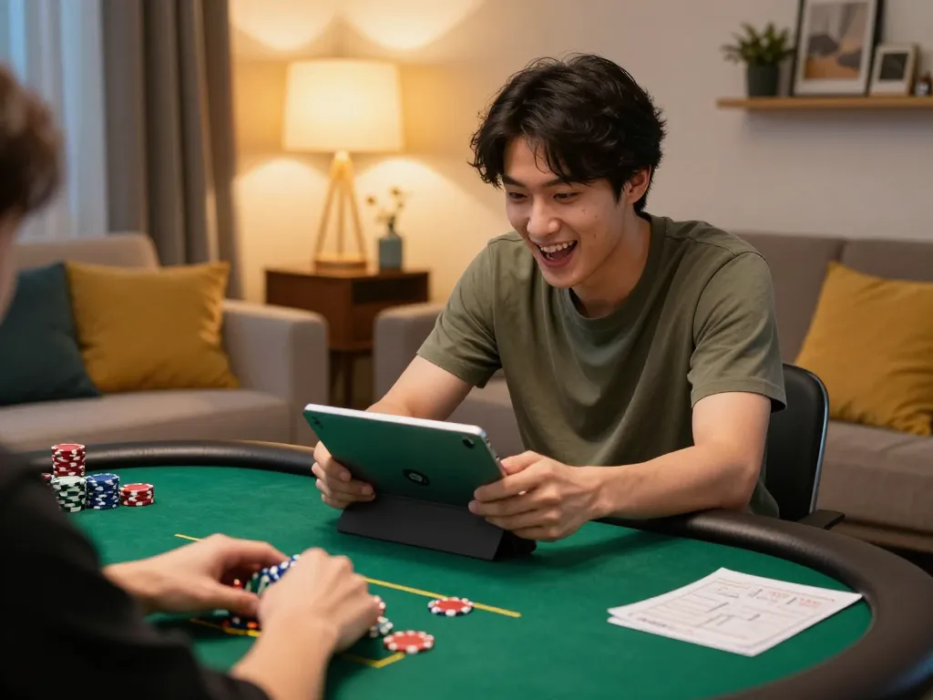 Bong88ai user enjoying online poker strategy in a cozy home environment with vibrant gaming setup