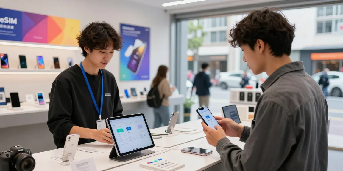 Comprar eSIM en una tienda moderna con un cliente interactuando con el asistente.