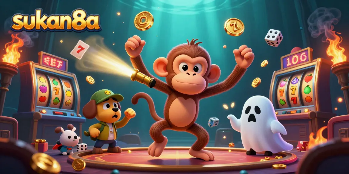 Experience the thrill of sukan8a with a ghost-hunter puppy tracking a mischievous poltergeist monkey in a haunted casino.