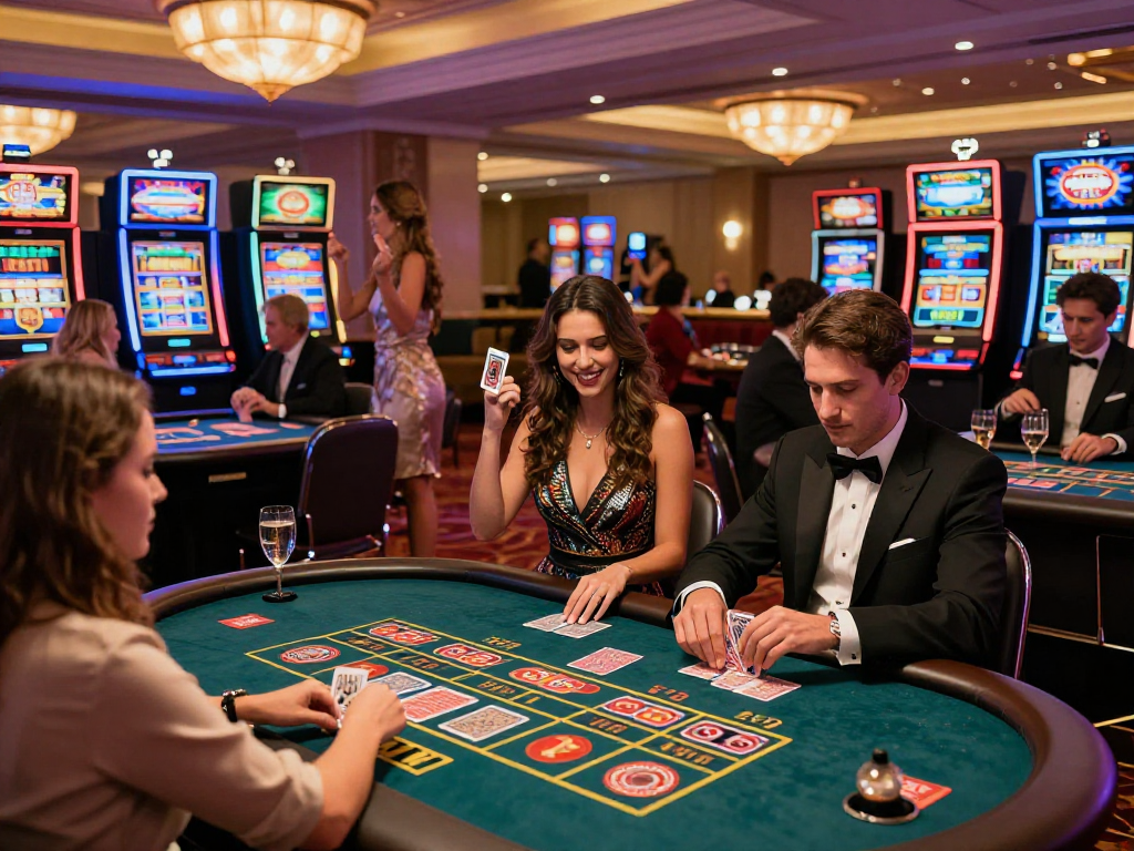 Atmosfera vivace di un casino non aams con giocatori impegnati ai tavoli e macchine da gioco colorate.