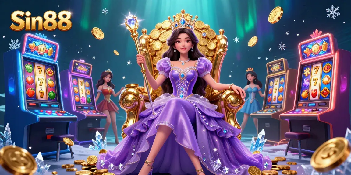 Spin to win at Sin88 with a stunning casino princess among slot machines and golden coins.