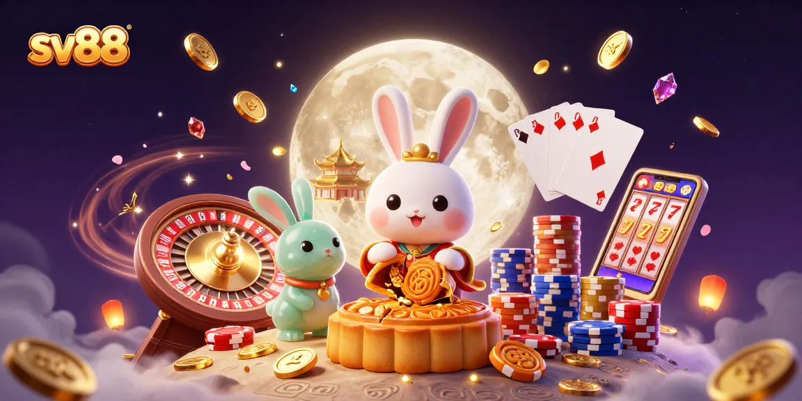 Experience the thrill of sv88 with a moon rabbit theme blending gambling excitement and folklore in a vibrant scene.