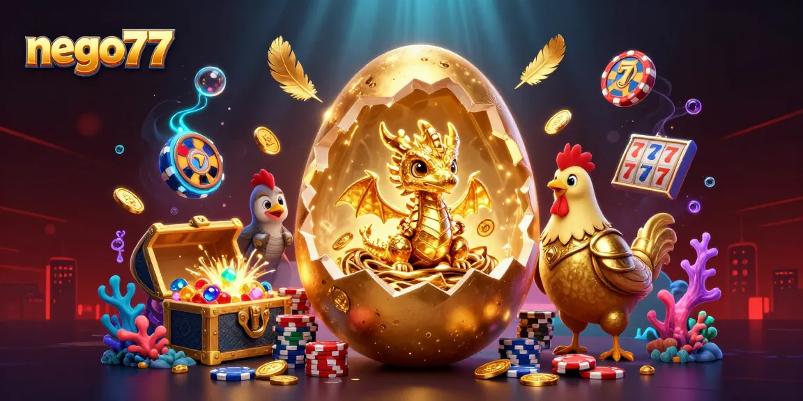 Engage with nego77's exciting slot gameplay showcasing a golden dragon, poker chips, and vibrant jackpot elements.