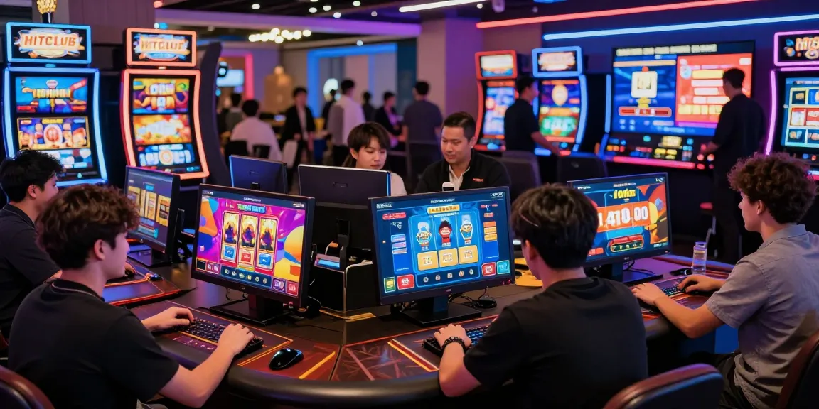 Engaging HITCLUB gaming scene with players enjoying vibrant slot games and live dealers in a modern casino environment.